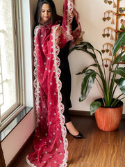 Maroon Organza Dupatta with Foil Mirror Work