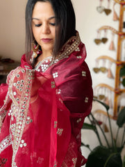 Maroon Organza Dupatta with Foil Mirror Work