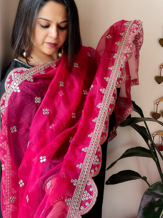 Hot Pink Organza Dupatta with Foil Mirror Work