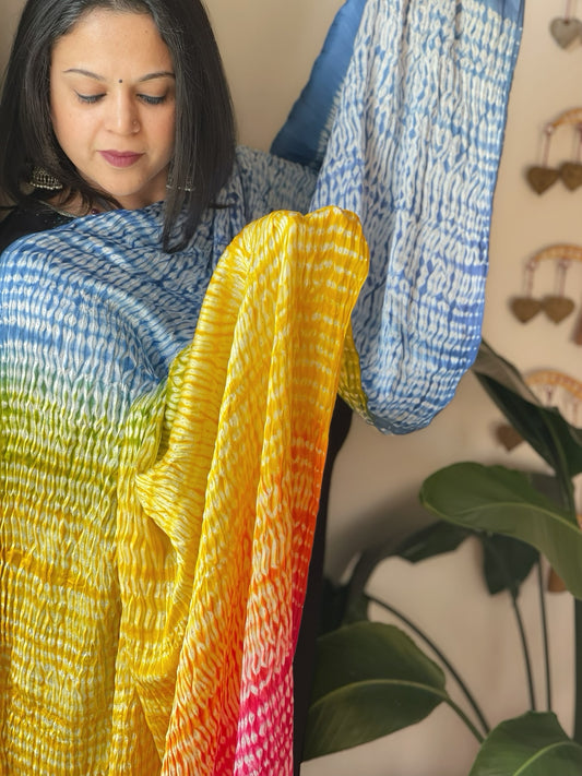Multicolor Handmade Shibori Dupatta in Modal Silk