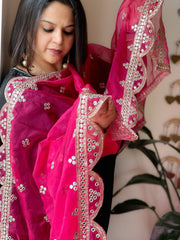 Hot Pink Organza Dupatta with Foil Mirror Work