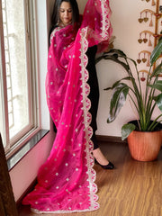 Hot Pink Organza Dupatta with Foil Mirror Work