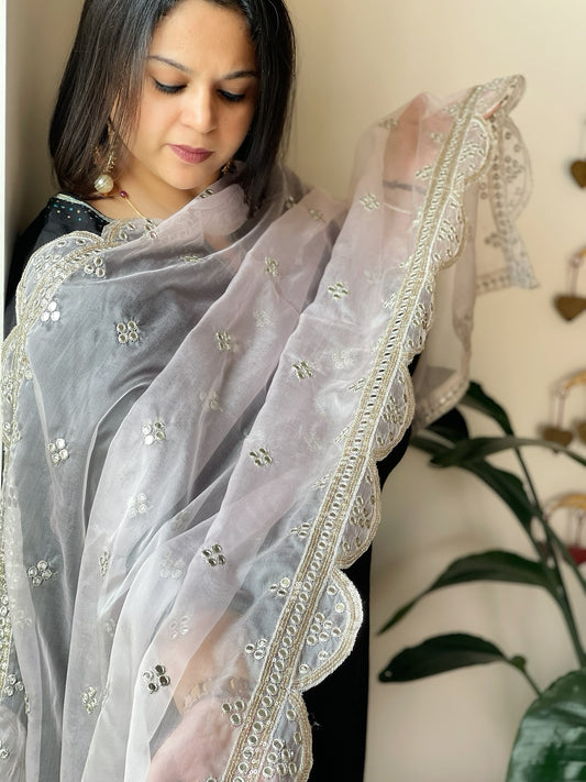 Baby Pink Organza Dupatta with Foil Mirror Work