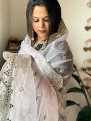 Baby Pink Organza Dupatta with Foil Mirror Work