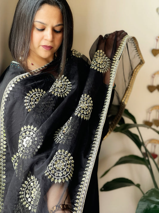 Black Organza Dupatta with Foil Mirror Work