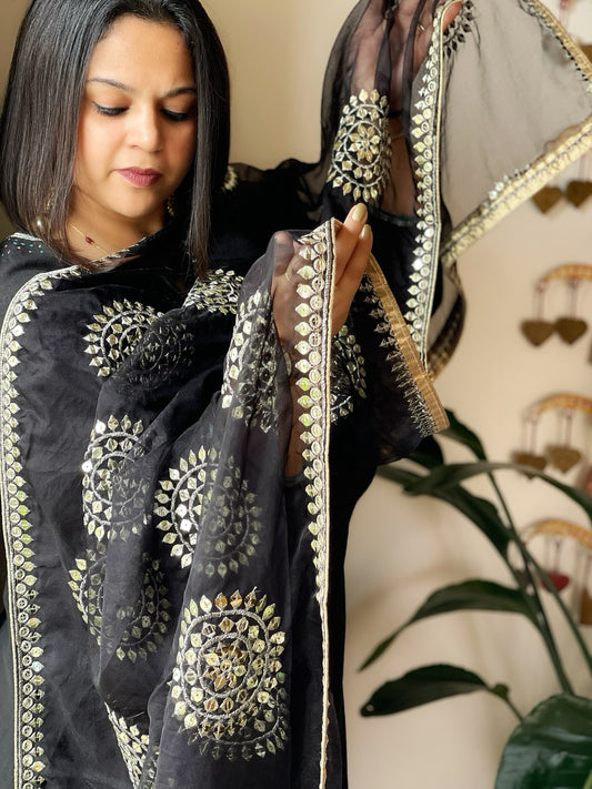 Black Organza Dupatta with Foil Mirror Work