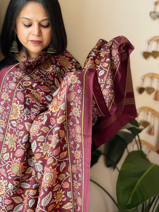 Maroon Printed Kalamkari Dupatta with Sequin Work and Zari Pallu in Dola Silk