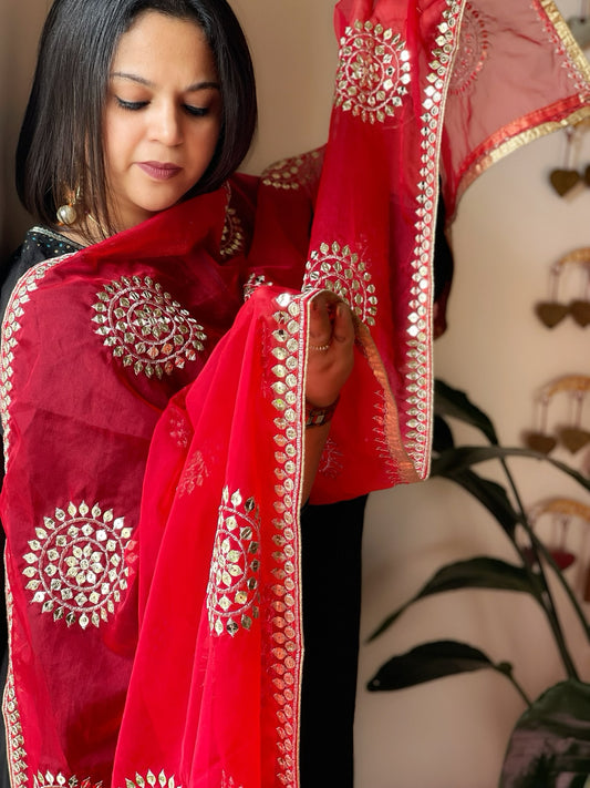 Red Organza Dupatta with Foil Mirror Work