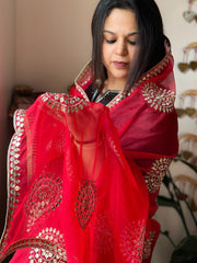 Red Organza Dupatta with Foil Mirror Work