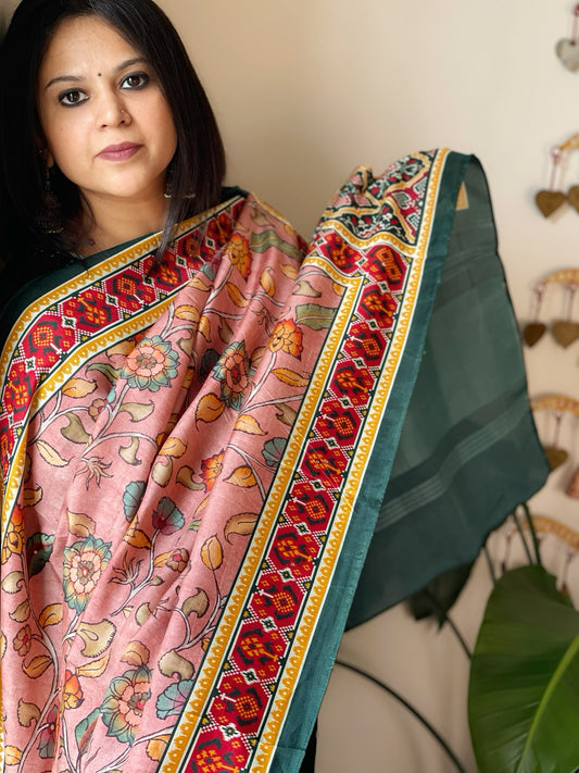 Pink Printed Kalamkari Dupatta with Sequin Work and Zari Pallu in Dola Silk