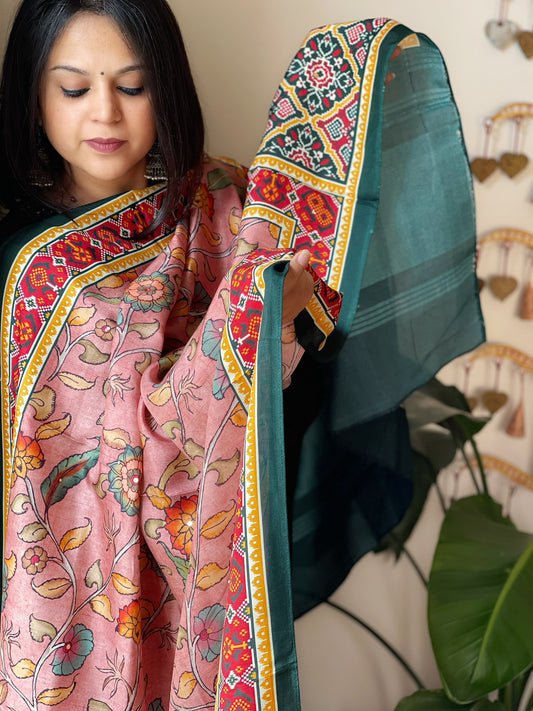 Pink Printed Kalamkari Dupatta with Sequin Work and Zari Pallu in Dola Silk