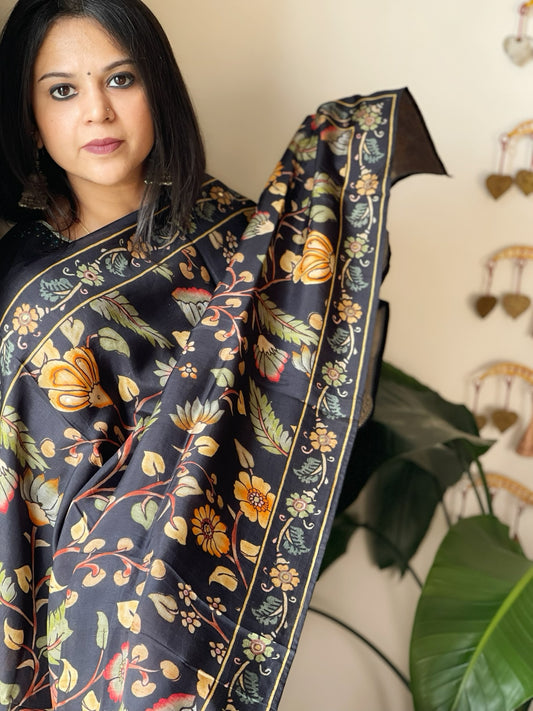 Black Printed Kalamkari Dupatta with Sequin Work and Zari Pallu in Dola Silk