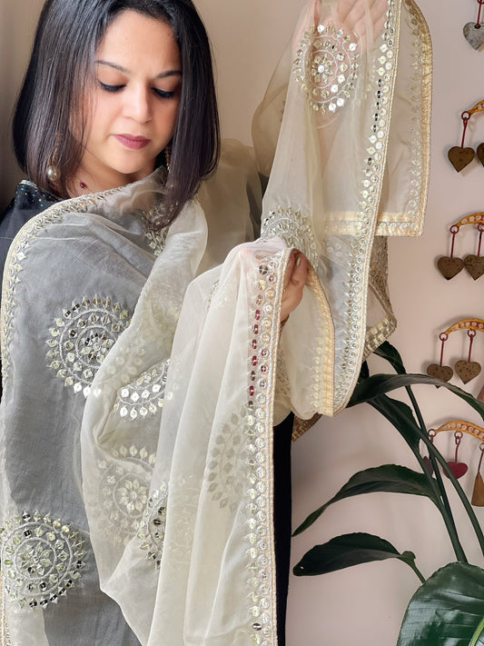 Cream Organza Dupatta with Foil Mirror Work