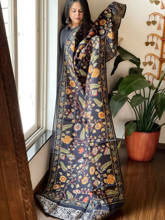 Black Printed Kalamkari Dupatta with Sequin Work and Zari Pallu in Dola Silk