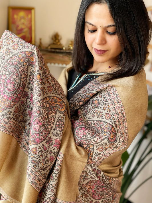 Yellowish Brown Woven Pashmina Shawl with Kaani Pallu