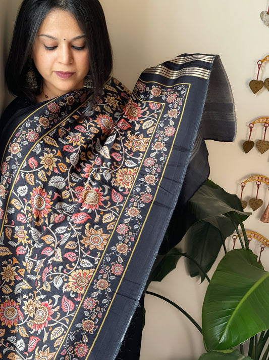 Black Printed Kalamkari Dupatta with Sequin Work and Zari Pallu in Dola Silk