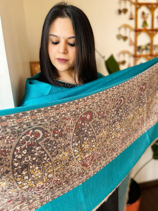 Firozi Blue Woven Pashmina Shawl with Kaani Pallu