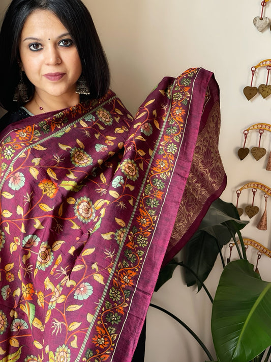 Wine Printed Kalamkari Dupatta with Sequin Work and Zari Pallu in Dola Silk