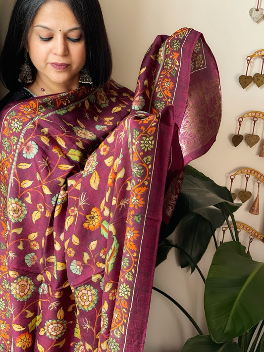 Wine Printed Kalamkari Dupatta with Sequin Work and Zari Pallu in Dola Silk
