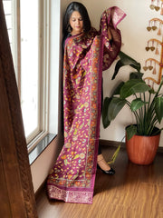 Wine Printed Kalamkari Dupatta with Sequin Work and Zari Pallu in Dola Silk