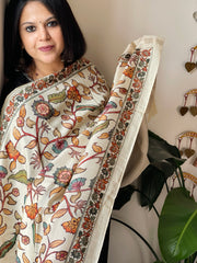 Ivory Printed Kalamkari Dupatta with Sequin Work and Zari Pallu in Dola Silk