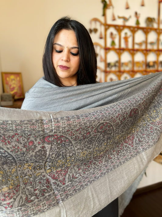 Grey Woven Pashmina Shawl with Kaani Pallu