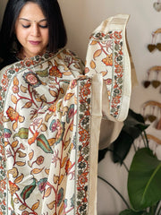 Ivory Printed Kalamkari Dupatta with Sequin Work and Zari Pallu in Dola Silk