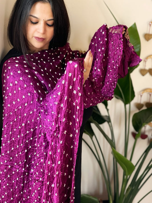 Purple Bandhani Dupatta with Zari Pallu in Modal Silk