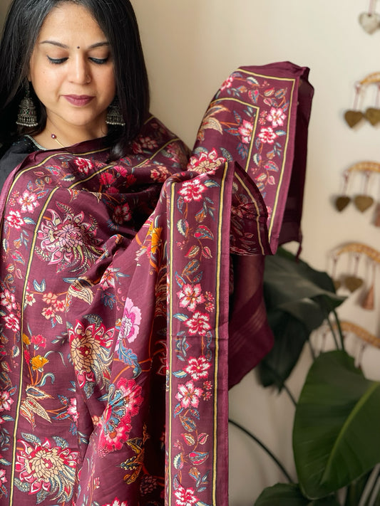 Maroon Printed Kalamkari Dupatta with Sequin Work and Zari Pallu in Dola Silk