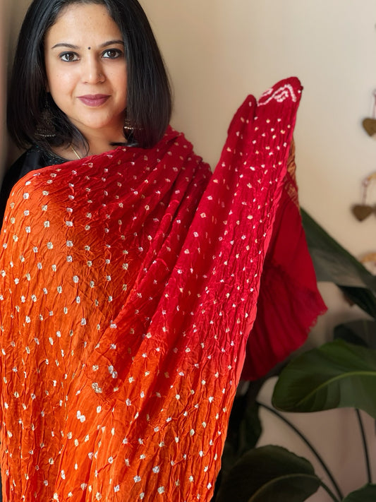 Orange, Red Bandhani Dupatta with Zari Pallu in Modal Silk