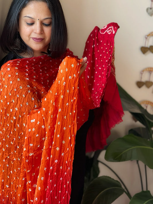 Orange, Red Bandhani Dupatta with Zari Pallu in Modal Silk