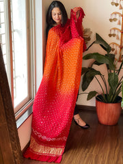 Orange, Red Bandhani Dupatta with Zari Pallu in Modal Silk
