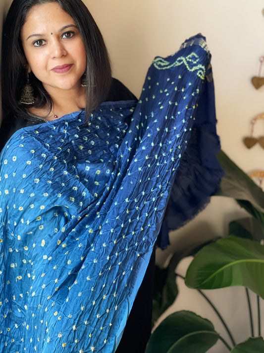 Blue Bandhani Dupatta with Zari Pallu in Modal Silk