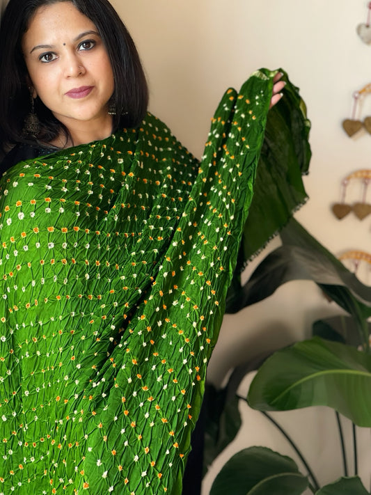 Green Bandhani Dupatta with Zari Pallu in Modal Silk