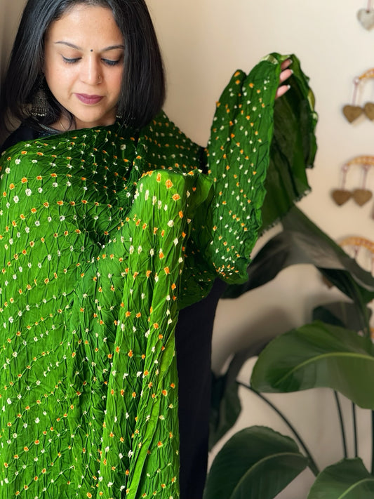 Green Bandhani Dupatta with Zari Pallu in Modal Silk