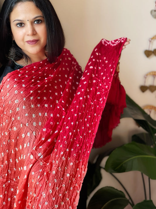 Peach, Red Bandhani Dupatta with Zari Pallu in Modal Silk