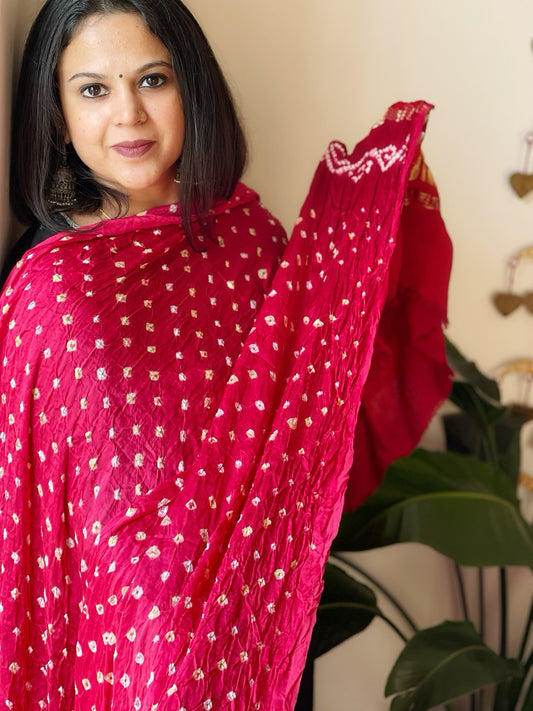 Pink, Red Bandhani Dupatta with Zari Pallu in Modal Silk