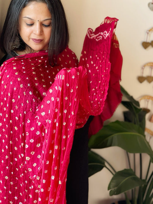 Pink, Red Bandhani Dupatta with Zari Pallu in Modal Silk
