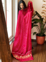Pink, Red Bandhani Dupatta with Zari Pallu in Modal Silk