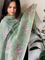 Aqua Green Kota Organza Dupatta with cross-stitch Jaal embroidery