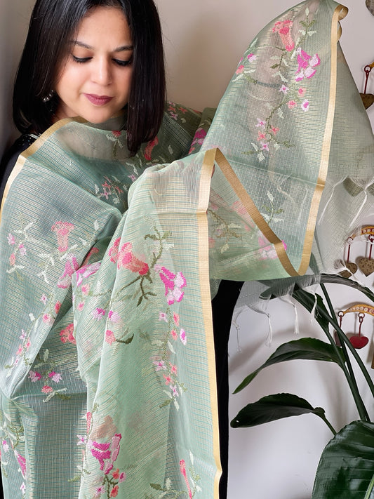 Aqua Green Kota Organza Dupatta with cross-stitch Jaal embroidery