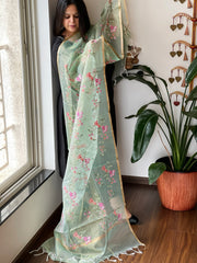 Aqua Green Kota Organza Dupatta with cross-stitch Jaal embroidery