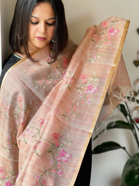 Peach Kota Organza Dupatta with cross-stitch Jaal embroidery