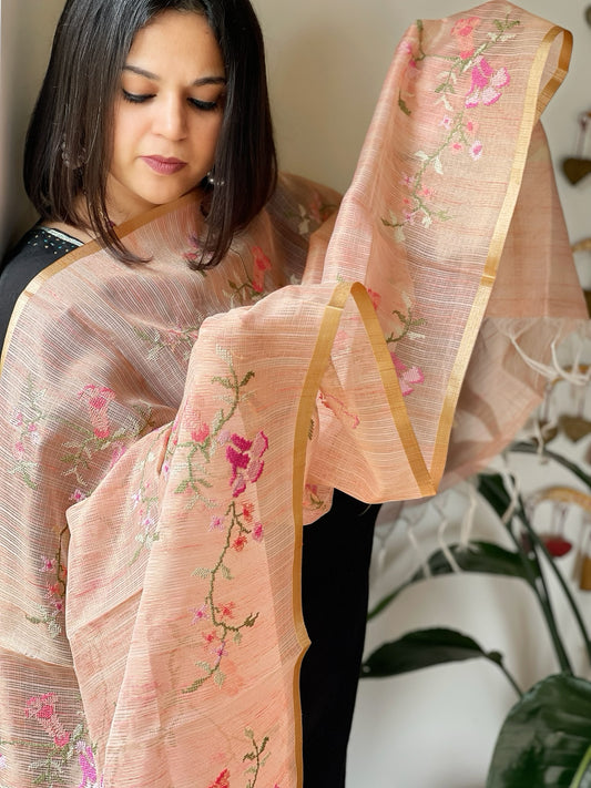 Peach Kota Organza Dupatta with cross-stitch Jaal embroidery