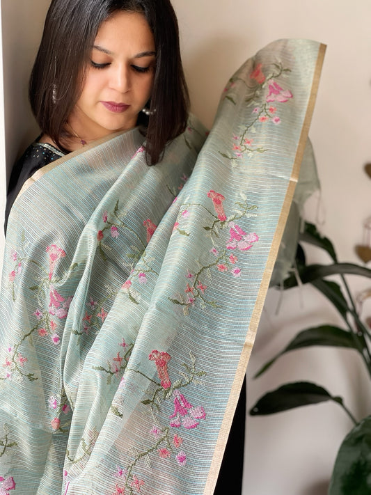 Aqua Blue Kota Organza Dupatta with cross-stitch Jaal embroidery