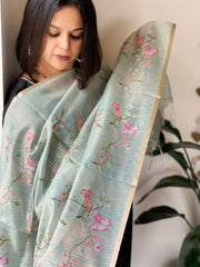 Aqua Blue Kota Organza Dupatta with cross-stitch Jaal embroidery