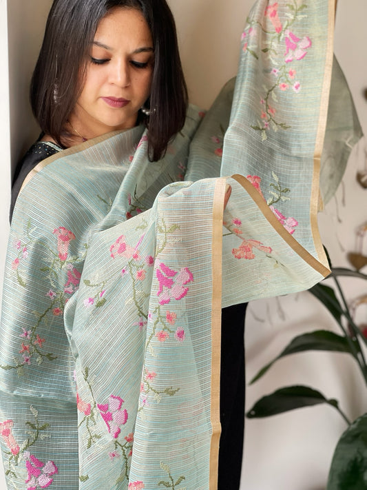 Aqua Blue Kota Organza Dupatta with cross-stitch Jaal embroidery