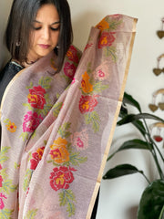 Purplish Pink Kota Organza Dupatta with cross-stitch Jaal embroidery