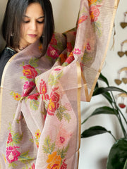 Purplish Pink Kota Organza Dupatta with cross-stitch Jaal embroidery