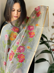 Greyish Blue Kota Organza Dupatta with cross-stitch Jaal embroidery